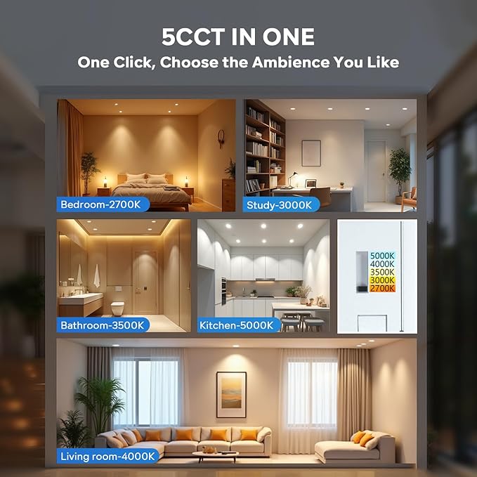 LVWIT Ultra-Thin Recessed Lighting 4 Inch with Junction Box, 800LM 2700K-5000K 5CCT LED Ceiling Lights, Dimmable Canless Wafer Downlight, ETL,FCC&IC, Smooth Trim, 6 Pack