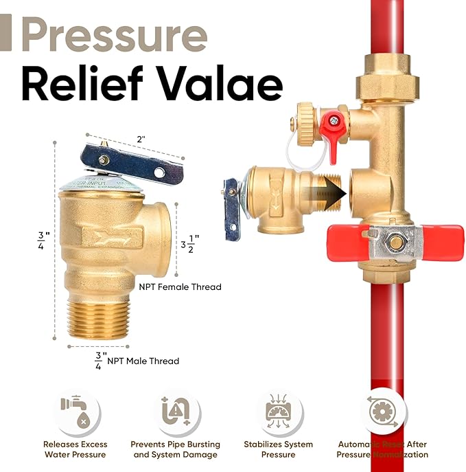 Upgrade 3/4 Inch IPS Isolator Tankless Water Heater Service Valve Kit, Isolation Valve with Pressure Relief Valve, Lead-Free Brass, Compatible with Rheem/Rinnai/EcoSmart/Navien/Noritz/Takagi/Bosch