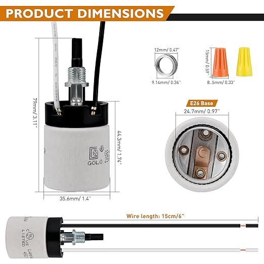 UL Listed Porcelain E26 Lamp Socket with 6'' Wire Lead, High Temp Resistant, Rotary Knob ON/Off Switch with 2 Wire Connectors Nuts for DIY Table Lamp,Pendant Light Replacement (3)