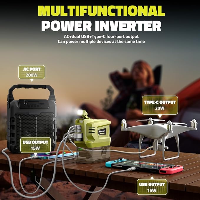 200W Portable Power Inverter Compatible with Ryobi 18V,Ecarke Real 200W Outdoor Generato Battery Converter with 2 USB&LED&AC Battery Powered Outlet,Convert DC 18V to AC 110V Portable Power Station