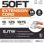 Iron Forge Cable Weatherproof 50 Ft Outdoor Extension Cord - 14/3 SJTW 15 Amp Heavy Duty Orange Extension Cord 3 Prong - Lighted End