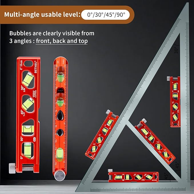 BETHEL 6 Inch Magnetic Torpedo Level with 4 Bubble Vials, V-Groove & Magnetic Rails, Orange Aluminum Alloy Construction