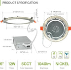 ASD 6 Pack LED Recessed Lighting 6 Inch 12W, 5 CCT 2700K-5000K CRI90+, IC Rated Ultra Thin Dimmable Ceiling Lights with J Box, Canless Wafer Downlight, Round Slim Panel Light, Energy Star ETL, Nickel