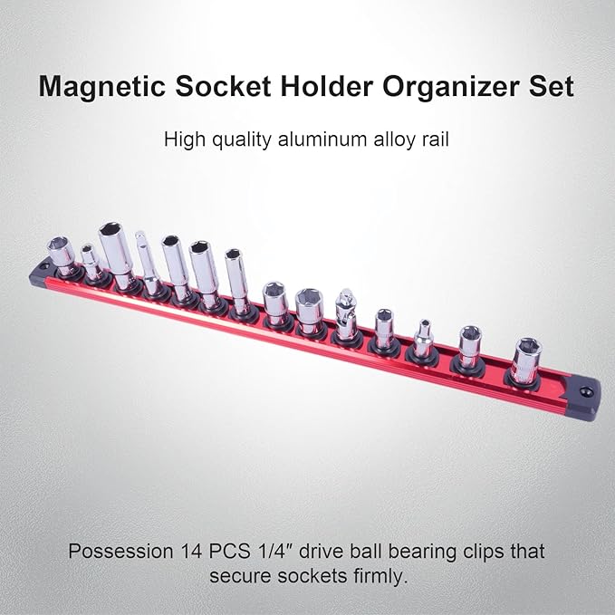 Magnetic Socket Holder Organizer Set:1/4-Inch Drive Socket Trays Socket, 360° Swivel 14 Clips Socket Holder Kit, For Automotive Mechanic Garage (Red)