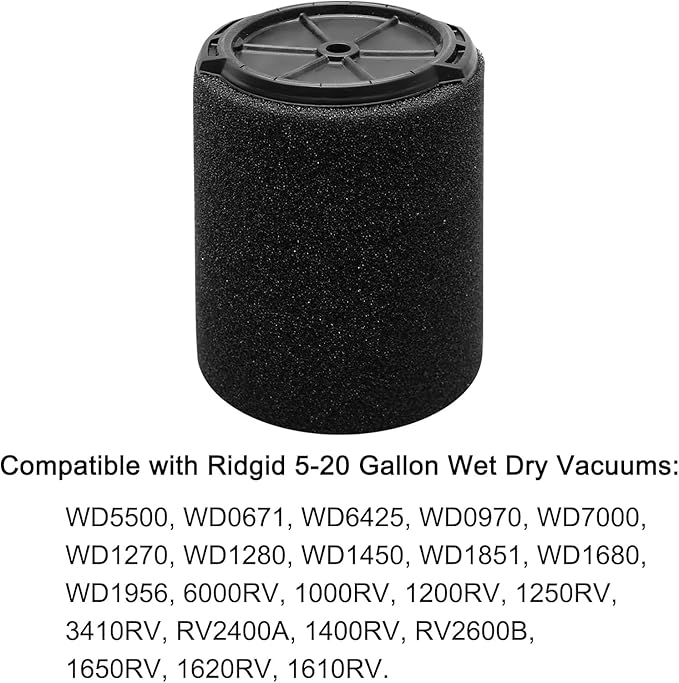 2-Pack VF7000 Filter for Ridgid Shop Vac 5-20 Gallon and Husky 6-9 Gallon Wet/Dry Vacuums, Foam Vacuum Filter Replacement for Wet Applications Only