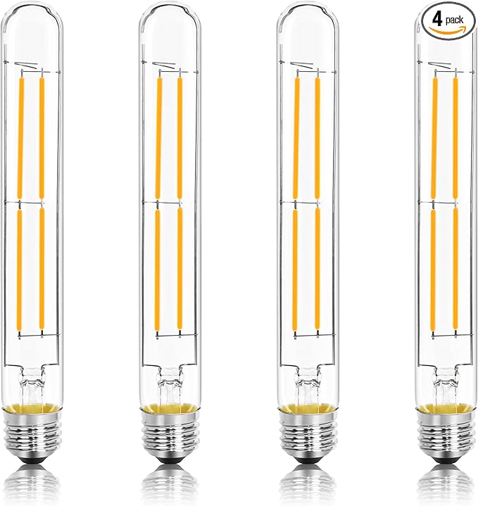 8.9IN LED Light Bulbs E26 Base, 6W 800LM 2700K Soft White T10 T9 Vintage Edison Bulbs Dimmable, AC 120V Equal 80 Watt Clear Glass Long Tubular Filament Bulb, UL Listed - 4Pack