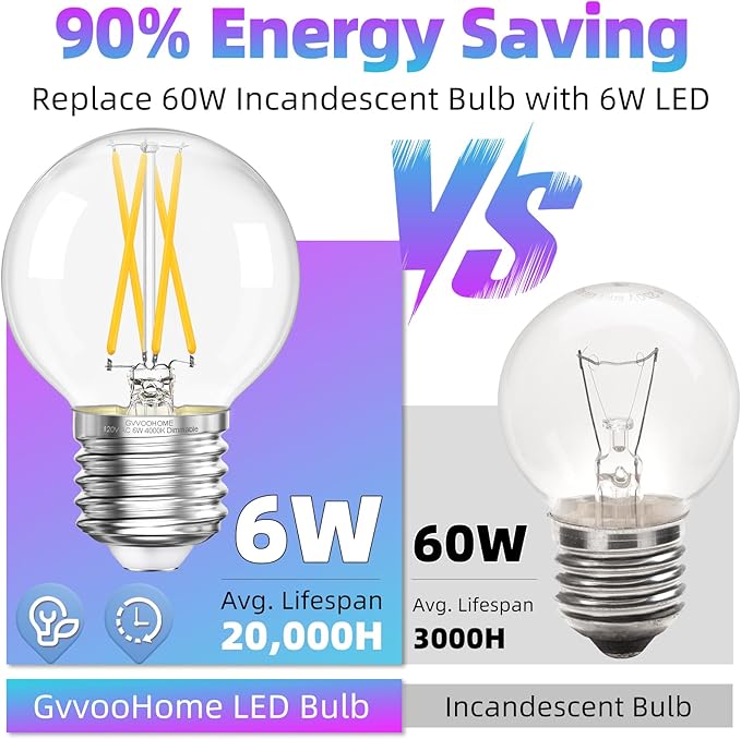 G16.5 LED Bulb Dimmable, 6W, 60 watt Equivalent, 4000K Neutral White E26 Globe Bulb, Round Edison Bulbs for Ceiling Fan, Pendant, Chandeliers, 90+CRI 600LM, 6 Pack