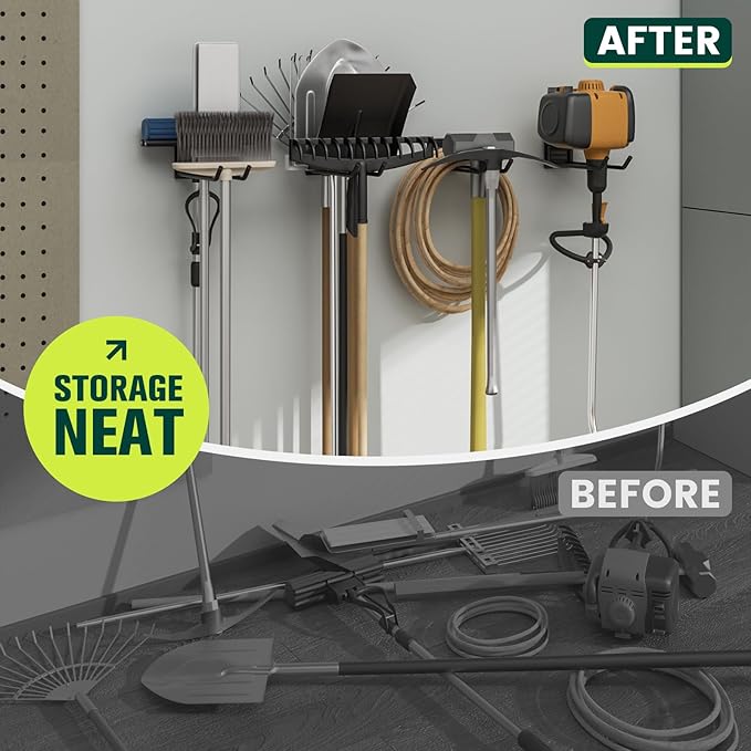 Garden Tool Organizer Rack, Wall Mount Garage Tool Organizer Storage Hook for Yard Shed, Metal Garage Garden Tool Hanger for Lawn Organizer Holds Shovel,Rakes,Brooms,Hoses 2 Pack