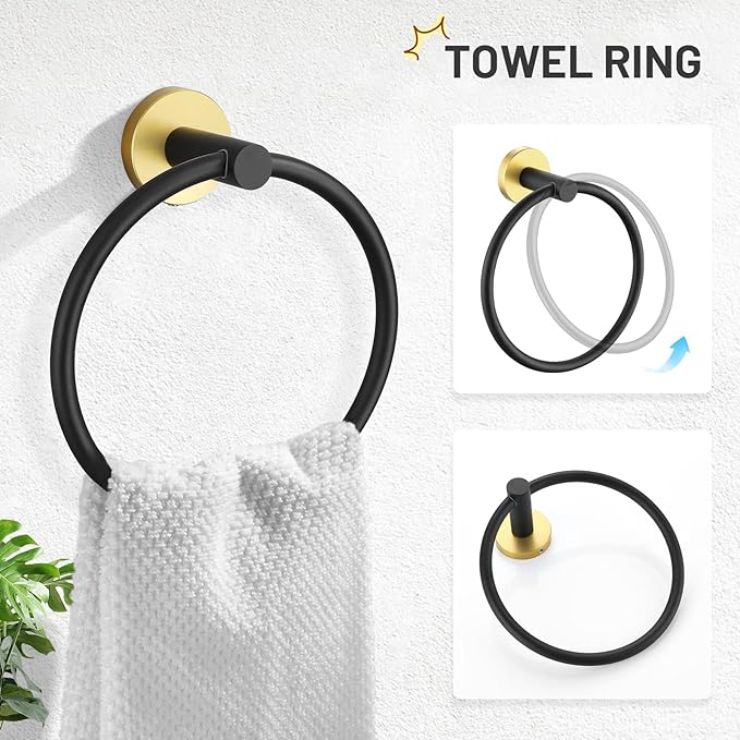 TURS Black and Gold 5 Piece Bathroom Hardware Set, SUS304 Stainless Steel Gold Black Towel Bar Set, 24 Inch Rould Bathroom Accessories Kit Wall Mounted