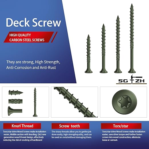 #8 x 1-1/2" Deck Screws (1610Pcs) 10lb. Carbon Steel, Green, Flat Head, Rust Resistant epoxy Coated, with T25 Star Bit