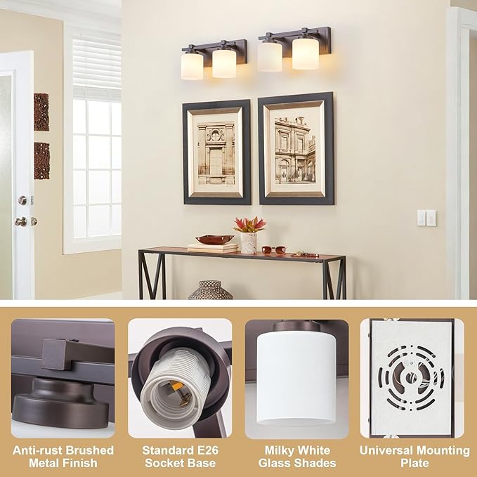 2 Light Modern Bathroom Light Fixtures Over Mirror, Bronze Finish Vanity Lights for Bathroom Wall Sconces with Milky White Glass Shades, E26 Socket (Bulbs Not Included)