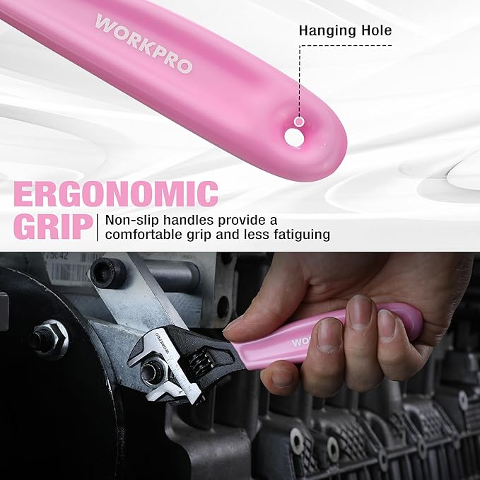 WORKPRO 6-Inch Pink Adjustable Wrench, Cr-V Steel, Wide Jaw Black Oxide Wrench, Metric & SAE Scales, for Home, Garage, Workshop and DIY-Pink Ribbon