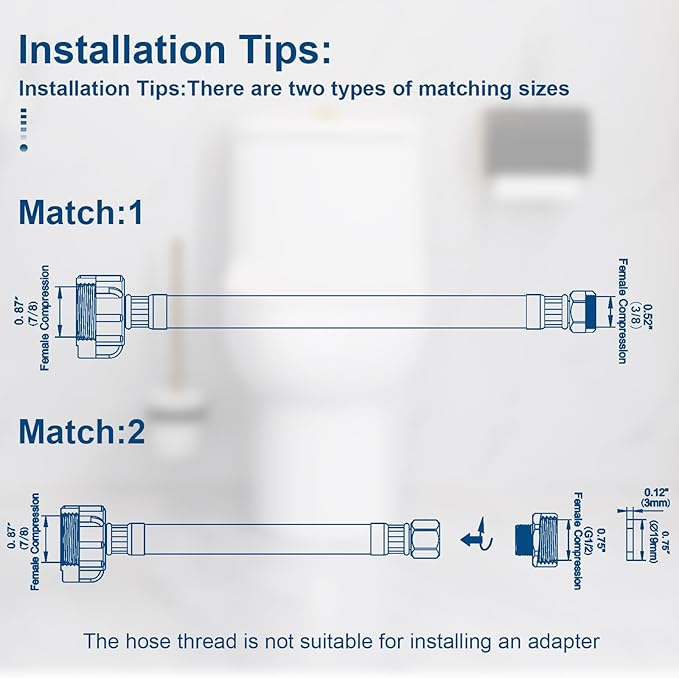 20 Inch Toilet Water Supply Line, Stainless Steel Braided Universal Flexible Toilet Hose Connector, 7/8" Ballcock x 3/8" Compression