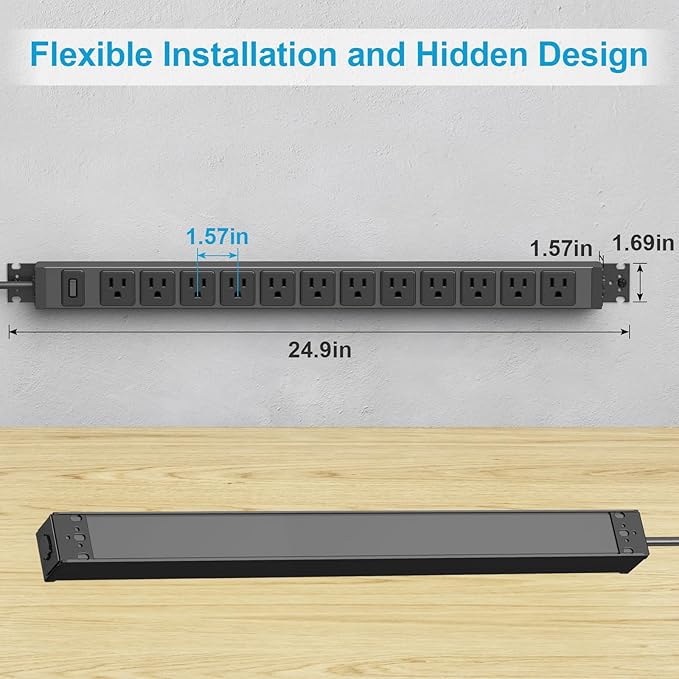 HHSOET 360° Rotating 12 Outlet Mountable Power Strip, Aluminum Alloy Power Strip Extension Cord, Heavy Duty Wall Mount Surge Protector with Switch, Works Great and Very Versatile, 6ft Power Cord.Black
