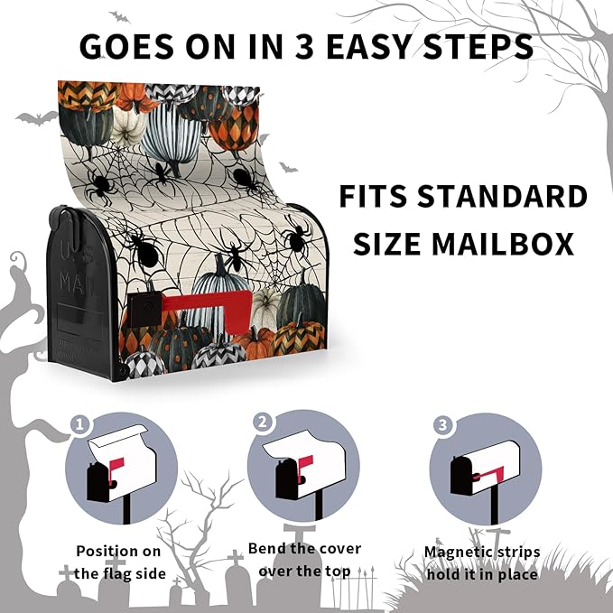 Halloween Magnetic Mailbox Covers Fall Pumpkin Spiders Mailbox Cover Spooky Halloween Mail Box Post Cover Standard Size 21X 18 Inch Seasonal Decorations for Outdoor Garden Yard