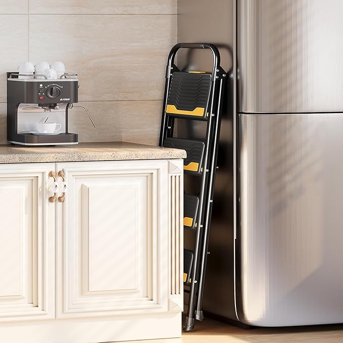 4 Step Ladder, Heavy-Duty Pass 800lb Capacity Test, Wide Anti-Slip Steps & Secure Handrail Compact, Folding Step Stool Portable Design for Home, Kitchen, Office, Pantry, Closet Use, Black