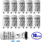 Fluorescent Starter, 4-40W, T8, 10 Count, Indoor, Long Lasting, 1.1E+2V AC, Compatible with GE, FS-2, FS-5, Preheat Fluorescent Lamps
