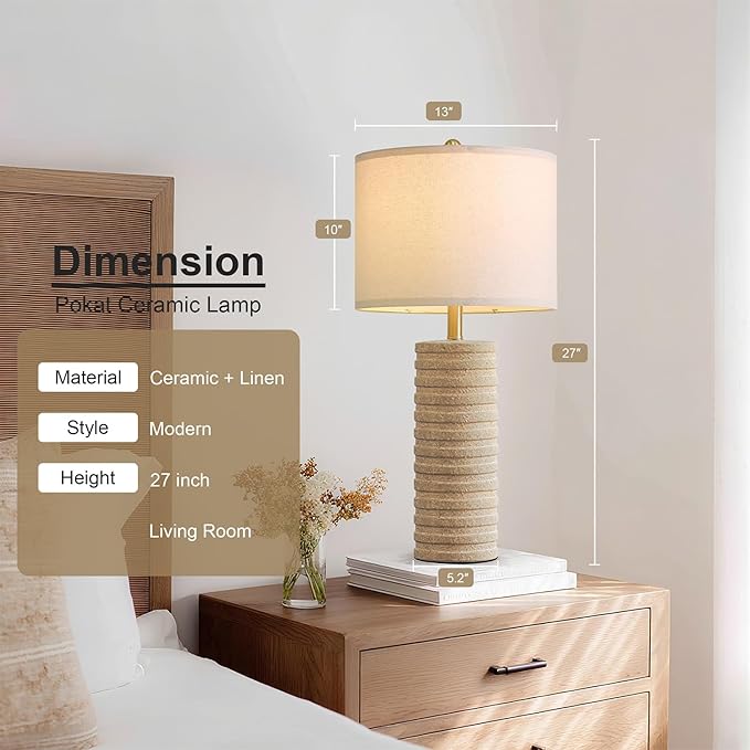PoKat 27" Stone-Like Farmhouse Ceramic Table Lamps Set of 2 for Bedroom, Boho Nightstands Lamps for Night Stands, Distressed Beige Bedside Lamps with Natural Textured for Living Room, Sand-Colored