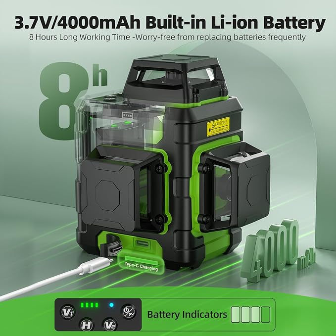 Huepar Laser Level 360 Self Leveling, Rechargeable Green Laser 3x360° Cross Line Lazer Leveler 3D Level Laser Tool for Construction and Picture Hanging, Strong Magnetic Bracket&Hard Carry Case -HM03CG