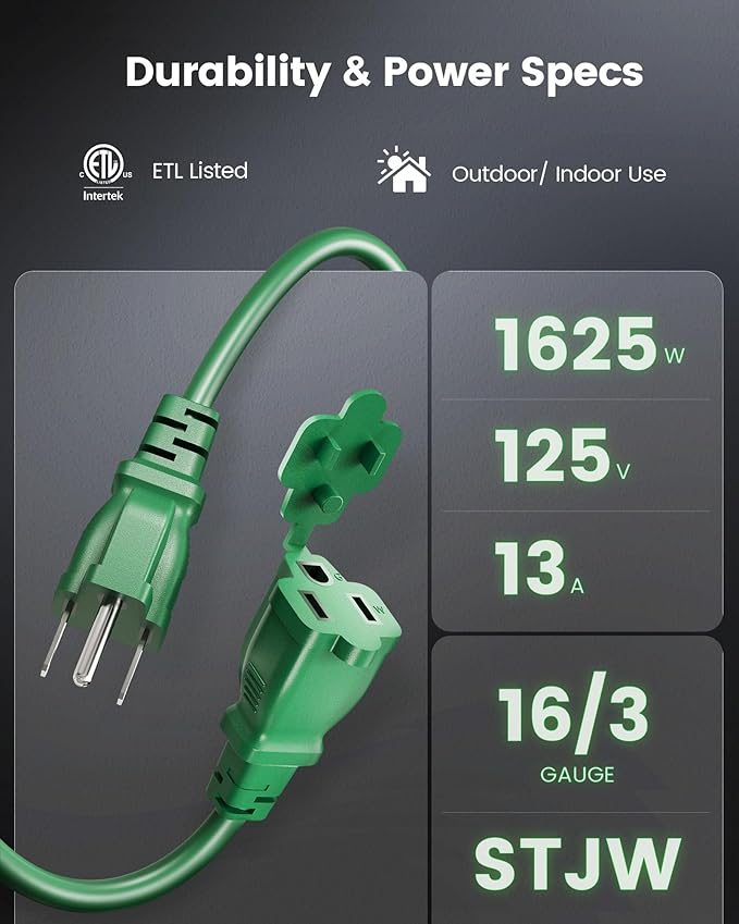 SURAIELEC Outdoor Extension Cord with Multiple Outlets, (5+5+5+5) 20FT Total,10FT End to End, 1-3 Multi Plug Splitter, 16/3C SJTW, for Landscape, Christmas Lights, Halloween Decorations, Green