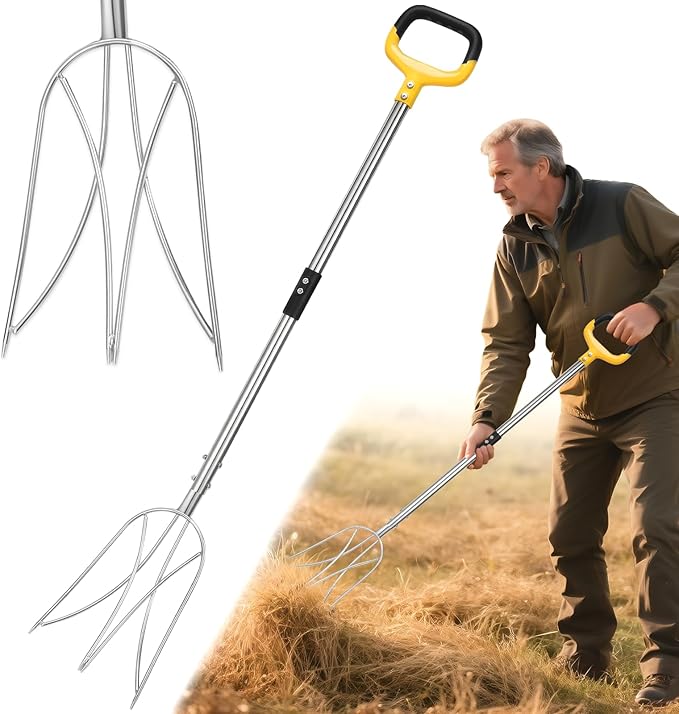 Pitchfork for Gardening, 48.5" Extendable Stainless Steel Garden Pitchfork with Handle, Suitable for Digging, Fertilizing, Transplanting, Multifunctional Garden Fork - 3 Tines