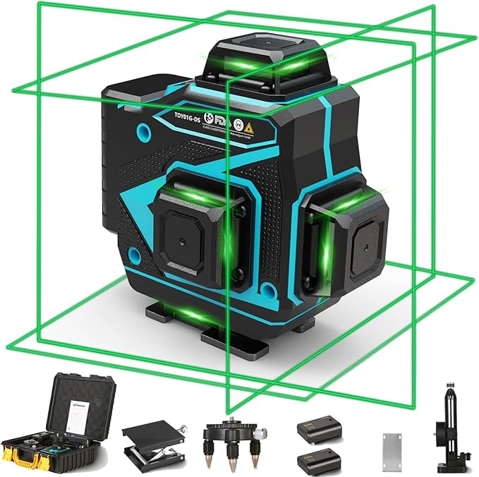 Floor Laser Level 360 Self-leveling - Tile 4 x 360 Green Beam Cross Line Laser Leveler Tool - 16 lines 4D Ceiling Nivel Laser for Construction with Hard-Sided Case and 2 Batteries