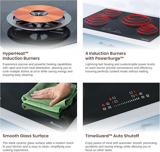 Rangaire RCI301S 30" Induction Cooktop, 8100W, 4 Burners, Built-in Stove Top, Booster & Timer, 9 Power Levels, Slide Touch Control, Child Safety Lock, 240V Hard Wire, Ceramic Surface