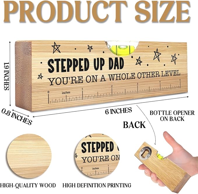 Christmas Gifts for Stepped Up Dad, Best Stepdad Bonus Dad Gifts Ideas, Funny Fathers Day Birthday Valentines Gift for Father Papa Wooden Spirit Level A5