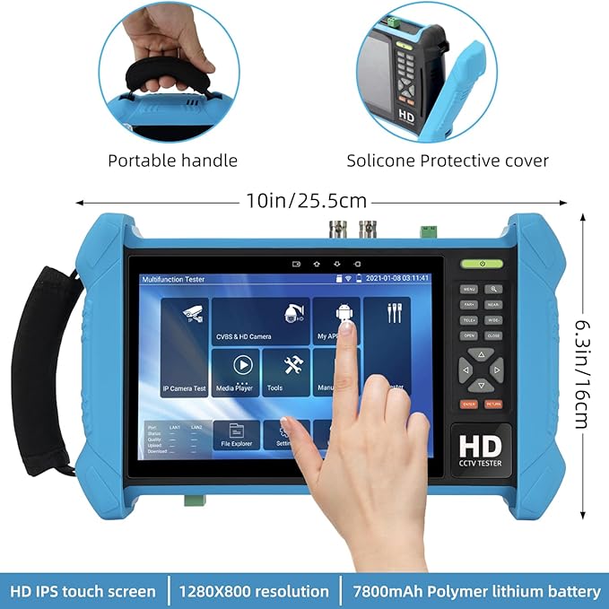 Koolertron 7" IPS Touch Screen 4K H.265 IP Camera Tester - POE/WiFi, CVBS Analog Tester, HDMI Output, RJ45 TDR, 8GB TF Card, Dual Window Test, Firmware Upgrade