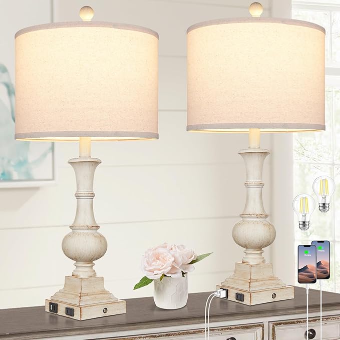 26" Farmhouse Table Lamps Set of 2, Rustic Touch Control Bedside Lamps with 2 USB Ports & AC Outlet, Vintage White Resin 3-Way Dimmable Nightstand Lamp Linen Fabric Shade for Living Room Bedroom Decor