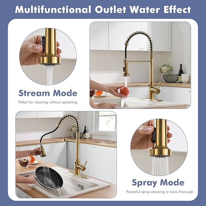 GIMILI Gold Touchless Faucet with Pull Down Sprayer, Motion Sensor Smart Activated Single Hole Spring Faucet for Kitchen Sink, Brushed Brass Finish