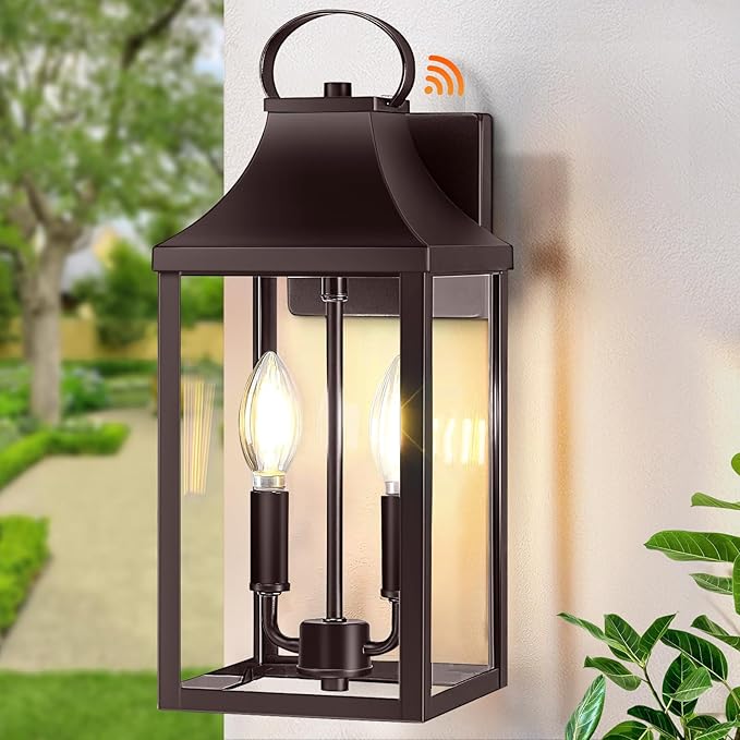 15" Dusk to Dawn Outdoor Wall Lantern 2-Light, Outside Modern Wall Sconce Light Fixture, Industrial Porch Light Wall Mount with E12 Sockets, Waterproof Exterior Lamp Lighting, Brown