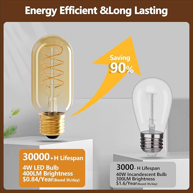 E26 LED Bulbs， 4W Equivalent 40 watt,Vintage Edison Bulbs, Warm White 2700K Amber E26 Edison Bulbs dimmable, Tubular T45 LED Light Bulb, AC120V, 400lm, CR90+,Gold Glass, Pack of 4