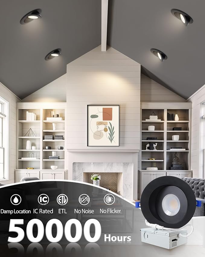 zouzai 6 inch 5CCT Gimbal Black Led Recessed Lights, 360°+90° Adjustable Directional Recessed Lighting, 2700K-5000K Dimmable Retrofit Eyeball Can Lights with Jbox, ETL&Energy Star(Black,12 Pack)