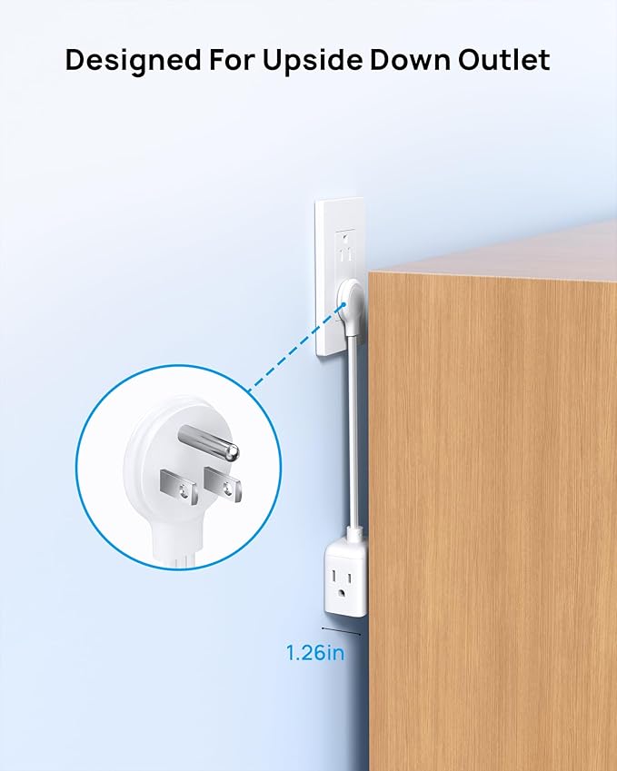 TROND Flat Outlet Extender with 6 Inch Cord for Upside Down Socket, Flat Plug Extension Outlet Splitter Adapter, Electrical 3 Way Wall Plug Extender for Cruise Travel Home Office Dorm Room, White