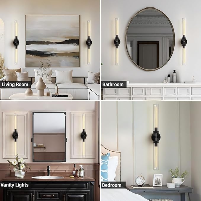 Black Wall Sconces Set of 2, Double Lights 30" Knurled Texture Indoor Wall Light Fixtures, Bathroom Vanity Light Fixtures with Clear Glass, Modern Wall Lamp for Living Room Hallway(Bulb Included)