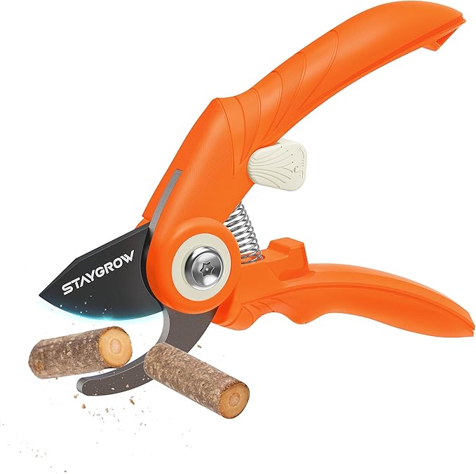 Pruning Shears, Garden Shears - 6.9" Garden Clippers, Gardening Scissors with Rust Resistant SK5 Stainless Steel Blade, Cuts 3X Easier, Weak Hand Arthritis Pruners for Gardening - Orange