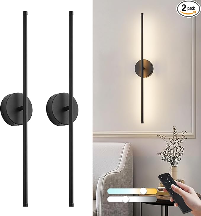 Removable Battery Operated Wall Sconces with Remote Control 350°Rotate LED Wireless Wall Lights with 3 Color Temperatures & Dimming for Bedroom, Hallway,24.4 Inch (2 Pack)