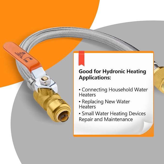 2-Pack HeSun 24-Inch Push-Fit Ball Valve Water Heater Connector, Push-to-Connect 1/2" x 3/4" FIP, Stainless Steel Flexible Heater Hose(HOSE029-2)