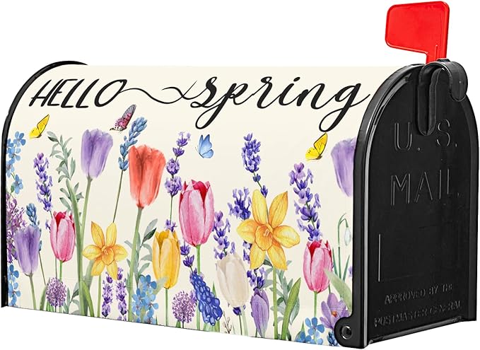 Hello Spring Mailbox Covers Tulip Lavender Butterfly Spring Decorative Mailbox Covers Magnetic Standard Size 21x18 Inch Rustic Waterproof Mailbox Wraps Post Letter Box Covers Garden Yard Outdoor Decor
