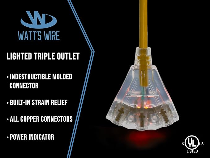 Outdoor Extension Cord Waterproof (75 ft) 12 Gauge Heavy Duty Extension Cord Splitter - Lighted Outdoor Extension Cords with Multiple Outlets - Watts Wire - 75' Grounded - extensiones electricas