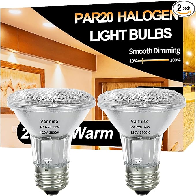PAR20 39W Halogen Flood Light Bulbs 2PCS, 39w 120V 480 Lumens, E26 Medium Base, 2800K Warm White Dimmable for Indoor Spotlight, Range Hood Light Bulbs, Recessed Bulbs