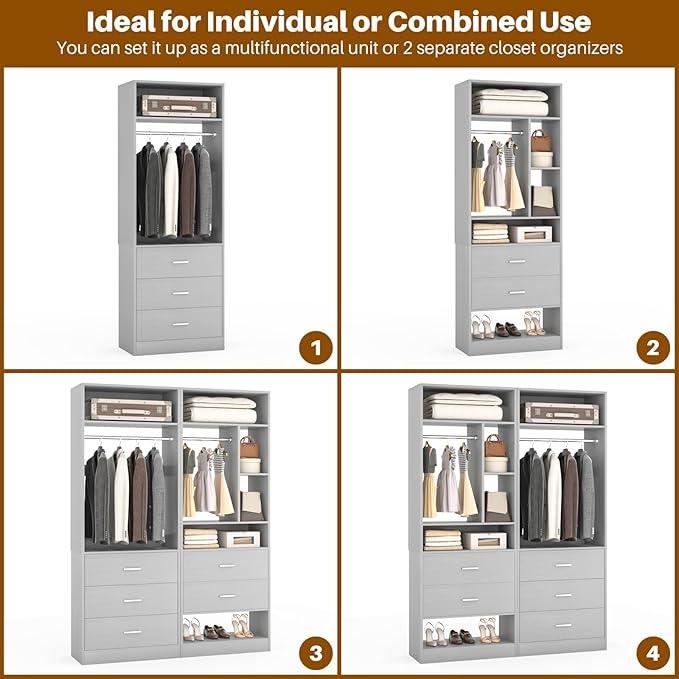 4FT Closet Systems with 5 Wood Drawers, 48 Inch Closet Organizer System with 2 Hanging Rods & 7 Shelves, Heavy Duty 48" Walk-in Closet, Grey (48"L x 15" W x 80" H)