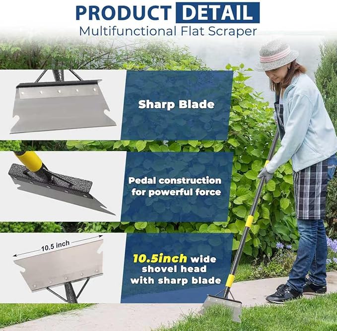 Garden Flat Scraper, 60" Multifunctional Cleaning Shovel, Heavy Duty Manual Weeder Metal Floor Scraper Garden Tool for Scraping, Ice Remove, Lawn Digging, Weeding, Edging