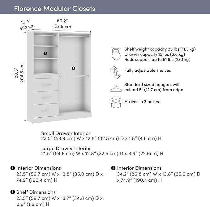 Bestar 61W x 16D Modular Closet Organizer System, Reach-in Closet or Walk-in Closet with Rods, Shelves, and Drawers, Slab Style, Florence Collection, White