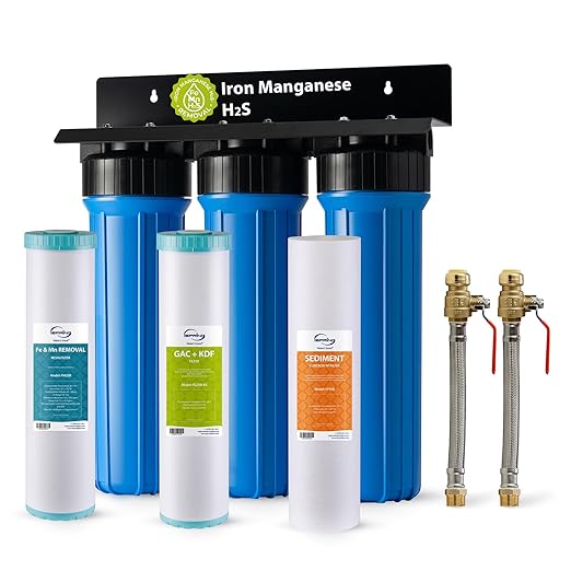 iSpring WGB32B-MKS+AHPF12MNPT16X2 3-Stage Whole House Water Filter System w/ 3/4'' Push-Fit Stainless Steel Hose Connectors, Reduces Iron, Hydrogen Sulfide, Lead, Chlorine, Chloramine, Manganese