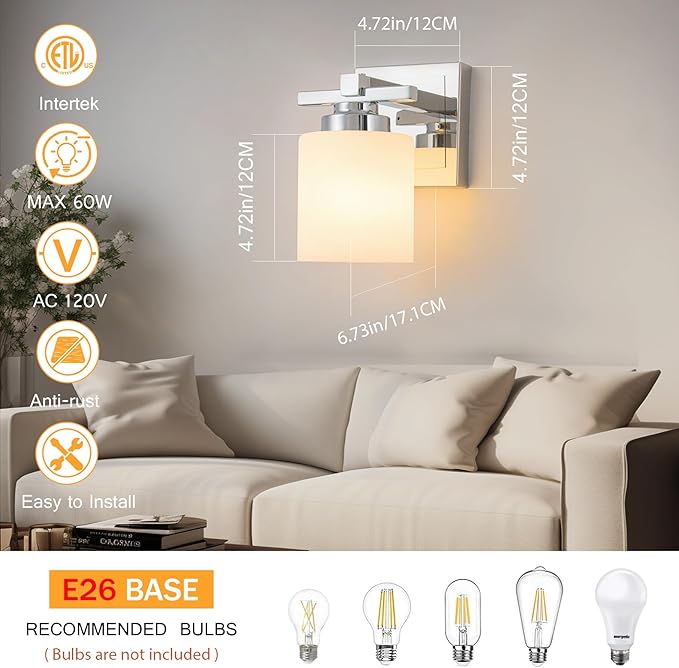 1 Light Modern Bathroom Light Fixtures Over Mirror, Chrome Vanity Lights for Bathroom Wall Sconces with Milky White Glass Shades, E26 Socket (Bulbs Not Included)