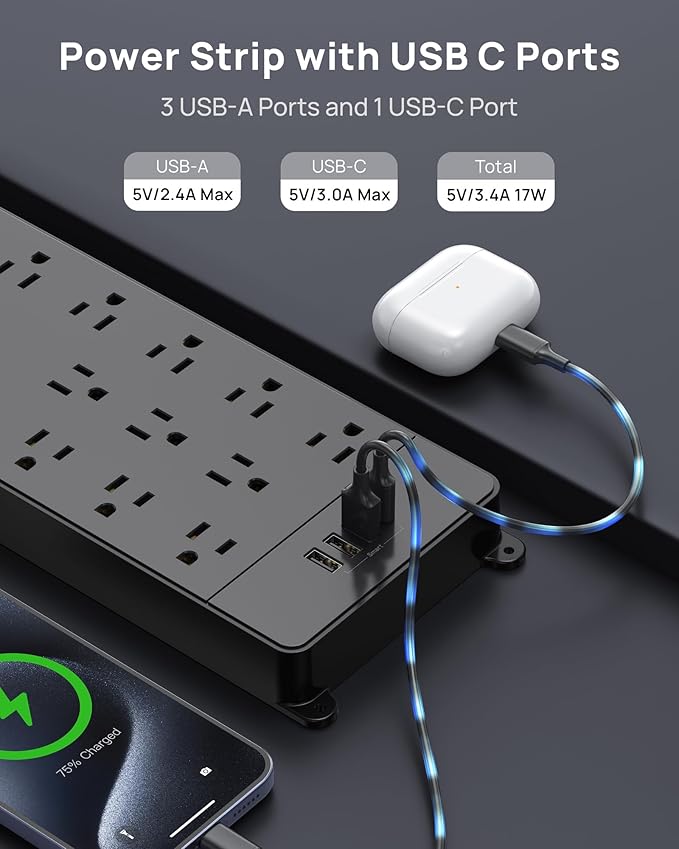 TROND Surge Protector Power Strip, 360° Rotating Flat Plug, 13AC Widely Spaced Outlets Expansion with USB C Port, 4000 Joules, 5ft Extension Cord Heavy Duty, Wall Mount, Under Desk, ETL Listed, Black
