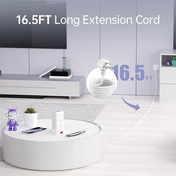 16.5FT Long Extension Cord,Power Strip Tower Surge Protector Power Strip with USB 12 Outlets with 4 USB Ports (1 USB C), Flat Plug Multi Plug Outlet Extender Overload Protection for Home Office