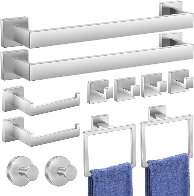 Bathroom Hardware Accessories Set: 12-Pieces Bath Towel Bar Set, Towel Racks for Bathroom Wall Mounted, SUS304 Stainless Steel, Brushed Nickel